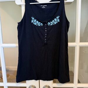 Eddie Bauer Black Tank Top with Blue Floral Embroidered  Detail